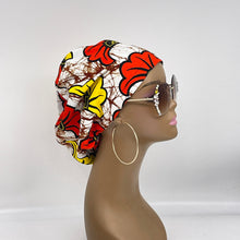 Load image into Gallery viewer, Niceroy surgical SCRUB HAT CAP,  Ankara Europe style nursing caps black yellow orange off white African print fabric and satin lining option