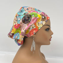 Load image into Gallery viewer, Surgical SCRUB HAT CAP, pink Europe style doughnuts cotton print fabric Euro hat multicolored satin lining option.