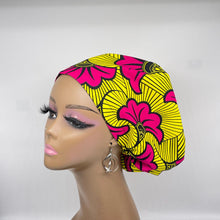 Load image into Gallery viewer, Niceroy Surgical SCRUB CAP pink and yellow Europe style nursing caps African print fabric and satin lining option.