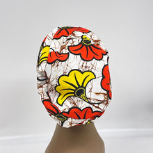 Load image into Gallery viewer, Niceroy surgical SCRUB HAT CAP,  Ankara Europe style nursing caps black yellow orange off white African print fabric and satin lining option