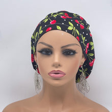 Load image into Gallery viewer, Adjustable surgical OR SCRUB CAP, black  red cherries cotton fabric Europe style nursing caps  and satin lining option.