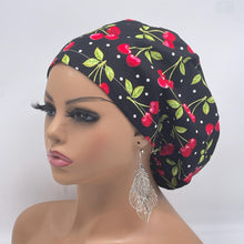 Load image into Gallery viewer, Adjustable surgical OR SCRUB CAP, black  red cherries cotton fabric Europe style nursing caps  and satin lining option.