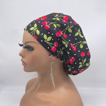 Load image into Gallery viewer, Adjustable surgical OR SCRUB CAP, black  red cherries cotton fabric Europe style nursing caps  and satin lining option.