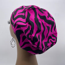 Load image into Gallery viewer, Niceroy Surgical SCRUB CAP hot pink magenta black Ankara Europe style nursing caps cotton African print fabric and satin lining option.