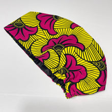 Load image into Gallery viewer, Niceroy Surgical SCRUB CAP pink and yellow Europe style nursing caps African print fabric and satin lining option.
