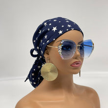 Load image into Gallery viewer, Adjustable PONY SCRUB CAP, navy blue  silver stars stretchy fabric surgical scrub hat nursing caps, satin lining option for locs/Long Hair