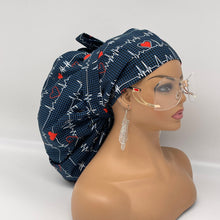 Load image into Gallery viewer, Adjustable 2XL JUMBO PONY Scrub Cap, EKG  cotton fabric surgical nursing hat and satin lining option for Extra long/thick Hair/Locs