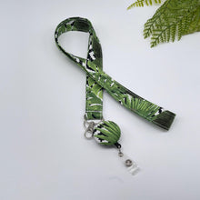 Load image into Gallery viewer, Handmade Fabric Lanyard: Green Leaves ID Badge Holder with Retractable Clip