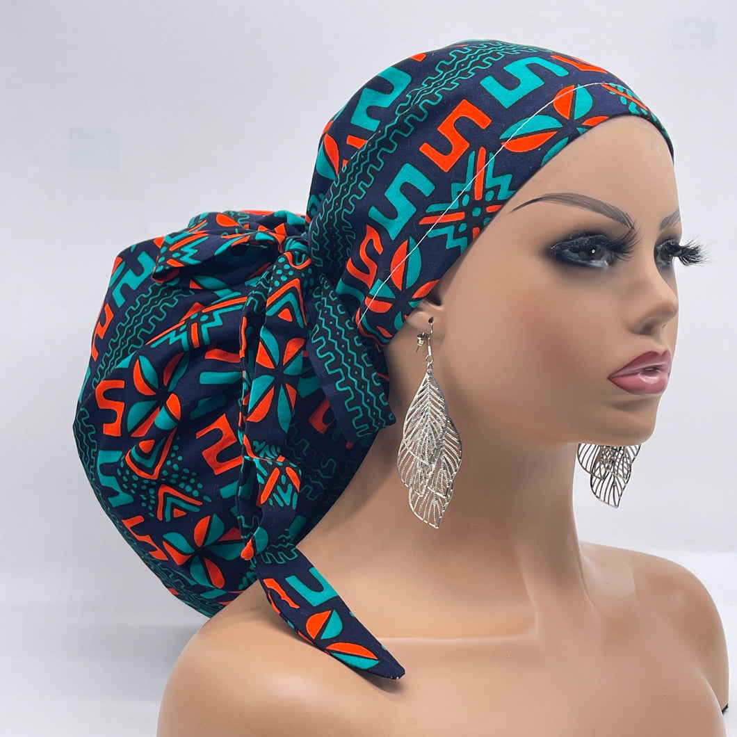 2XL JUMBO PONY Scrub Cap, Black teal orange surgical nursing hat and satin lining option for Extra long/thick Hair/Locs