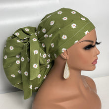 Load image into Gallery viewer, 2XL JUMBO PONY SCRUB Cap, Green White cotton fabric surgical nursing hat satin lining option for Extra long/thick Hair/Locs