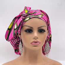 Load image into Gallery viewer, Ponytail PONY SCRUB CAP, pink and yellow Ankara cotton fabric surgical scrub hat nursing caps, satin lining option for locs /Long Hair