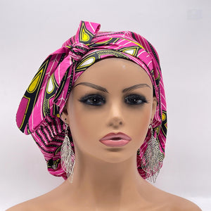 Ponytail PONY SCRUB CAP, pink and yellow Ankara cotton fabric surgical scrub hat nursing caps, satin lining option for locs /Long Hair