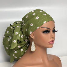 Load image into Gallery viewer, 2XL JUMBO PONY SCRUB Cap, Green White cotton fabric surgical nursing hat satin lining option for Extra long/thick Hair/Locs