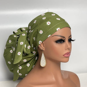 2XL JUMBO PONY SCRUB Cap, Green White cotton fabric surgical nursing hat satin lining option for Extra long/thick Hair/Locs