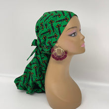 Load image into Gallery viewer, Adjustable Dread Locs and Long braids HAT Cap, Green Ankara pony style scrub nursing caps fabric and satin lining option Hair Cover