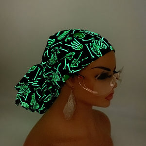 Ponytail PONY SCRUB CAP,  green skeleton glow in the dark cotton Halloween fabric surgical scrub hat, satin lining option for Long Hair