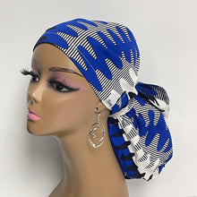 Load image into Gallery viewer, Ponytail Satin Lined PONY SCRUB CAP, Navy White Royal Blue Ankara  fabric surgical scrub hat  nursing caps for locs/Long Hair