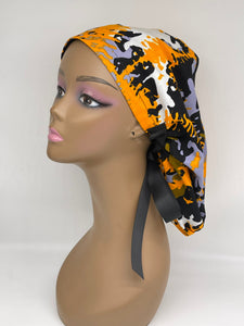 Ponytail Ankara PONY SCRUB CAP, cotton fabric surgical scrub hat nursing caps and satin lining option for locs /Long Hair grey, yellow