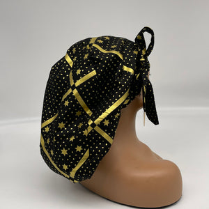 Ponytail PONY SCRUB CAP, black and metallic gold stars cotton fabric surgical scrub hat nursing caps, satin lining option for long hair