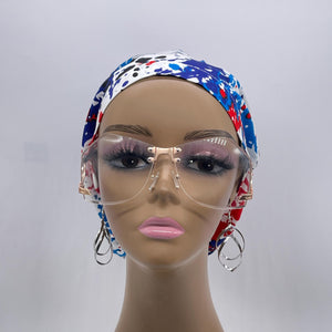 Niceroy SCRUB HAT CAP, red blue white paint splatter Europe Euro style nursing caps, healthcare hats protective hair covers, nurse gift.