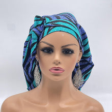 Load image into Gallery viewer, Ponytail Ankara PONY SCRUB CAP, blue cotton fabric surgical scrub hat pony nursing caps and satin lining option for locs /Long Hair