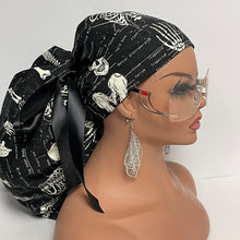 Load image into Gallery viewer, 2XL JUMBO PONY SCRUB Cap, Black white glow in the dark skeleton cotton fabric surgical hat satin for Extra long/thick Hair/Locs