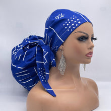 Load image into Gallery viewer, 2XL JUMBO PONY Scrub Cap, Royal blue and white tribal surgical nursing hat and satin lining option for Extra long/thick Hair/Locs