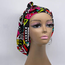 Load image into Gallery viewer, Ponytail hat PONY SCRUB CAP, red pink  teal yellow black surgical scrub hat nursing caps and satin lining option for locs, braid, long hair