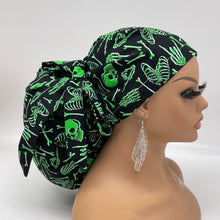 Load image into Gallery viewer, 2XL JUMBO PONY SCRUB Cap, Black/Green glow in the dark cotton fabric surgical nursing hat satin for Extra long/thick Hair/Locs