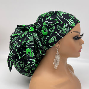 2XL JUMBO PONY SCRUB Cap, Black/Green glow in the dark cotton fabric surgical nursing hat satin for Extra long/thick Hair/Locs