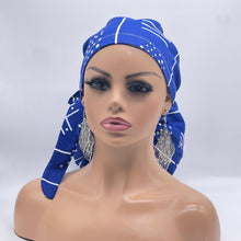 Load image into Gallery viewer, 2XL JUMBO PONY Scrub Cap, Royal blue and white tribal surgical nursing hat and satin lining option for Extra long/thick Hair/Locs