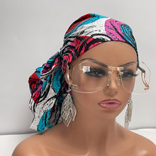 Load image into Gallery viewer, 2XL JUMBO PONY SCRUB Cap, turquoise blue Pink cotton fabric surgical nursing hat satin lining option for locs Braids Extra long/thick Hair