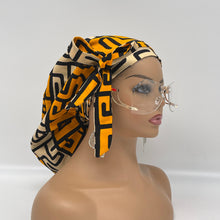 Load image into Gallery viewer, Ponytail Ankara PONY SCRUB CAP, Yellow  black cream cotton fabric surgical scrub hat, pony nursing caps for locs, braid, long hair