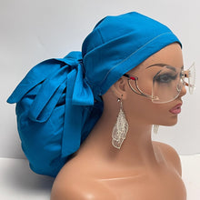 Load image into Gallery viewer, 2XL JUMBO PONY SCRUB Cap Caribbean Blue cotton fabric surgical nursing hat satin lining option for Extra long/thick Hair/Locs