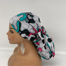 Load image into Gallery viewer, Ponytail Ankara PONY SCRUB CAP, cotton fabric surgical scrub hat pony nursing caps and satin lining option for locs /Long Hair Bonnet