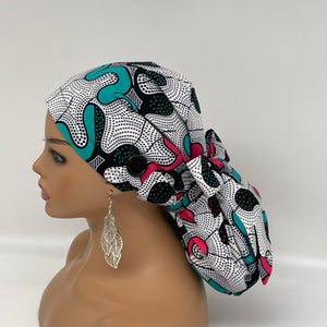 Ponytail Ankara PONY SCRUB CAP, cotton fabric surgical scrub hat pony nursing caps and satin lining option for locs /Long Hair Bonnet