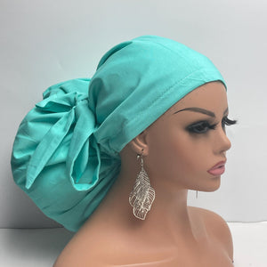 2XL JUMBO PONY SCRUB light teal solid cotton fabric surgical nursing hat satin lining option for Extra long/thick Hair/Locs