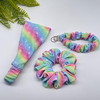 Handmade bullet print Headband, Scrunchie & Keychain Lanyard Set, gradient rainbow