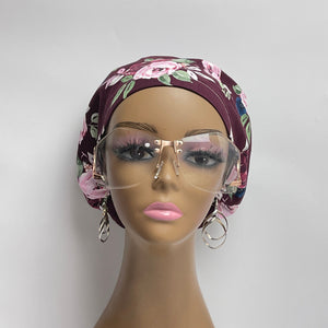 Adjustable surgical OR SCRUB CAP, maroon burgundy Floral Europe style nursing caps with flowers and satin lining option.