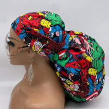 Load image into Gallery viewer, 2XL JUMBO PONY SCRUB cap. Marvel characters cotton fabric surgical nursing hat satin lining option for Extra long/thick Hair/Locs