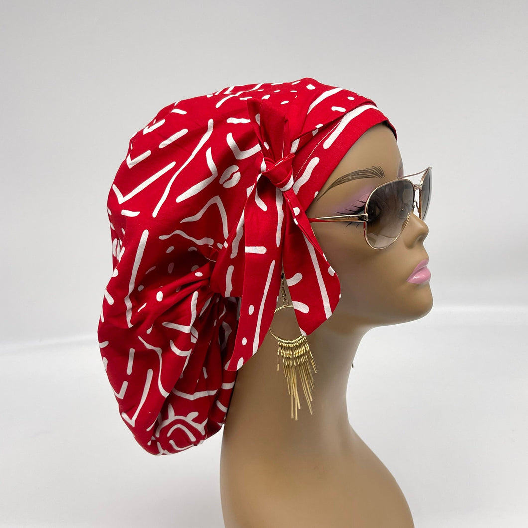 Ponytail PONY SCRUB CAP, Red and White Ankara cotton fabric surgical scrub hat pony nursing caps, satin lining option for locs/Long Hair