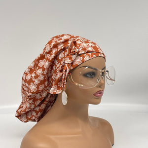 Ponytail PONY SCRUB CAP, Beige Rust Floral cotton fabric surgical scrub hat nursing caps and satin lining option, locs /Long Hair