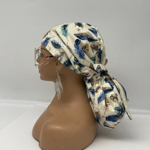 Ponytail Ankara PONY SCRUB CAP, feathers cotton fabric surgical scrub hat nursing caps and satin lining option for locs /Long Hair