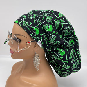 Ponytail PONY SCRUB CAP,  green skeleton glow in the dark cotton Halloween fabric surgical scrub hat, satin lining option for Long Hair