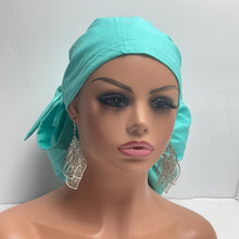 Load image into Gallery viewer, 2XL JUMBO PONY SCRUB light teal solid cotton fabric surgical nursing hat satin lining option for Extra long/thick Hair/Locs