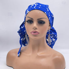 Load image into Gallery viewer, 2XL JUMBO PONY Scrub Cap, Royal blue and white surgical nursing hat and satin lining option for Extra long/thick Hair/Locs