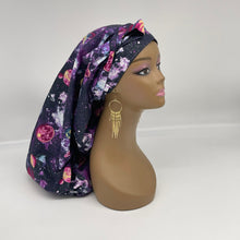 Load image into Gallery viewer, Adjustable Dread Locs and Long braids HAT Cap, Long pony style nursing scrub caps made with purple solar system fabric