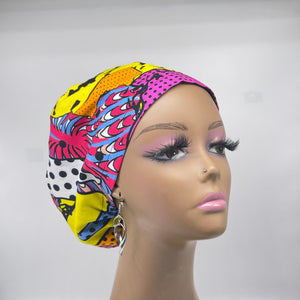 Niceroy SCRUB HAT CAP, pink yellow Multicolor Abstract Fabric Euro style nursing caps, healthcare hats protective hair covers, nurse gift