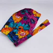Load image into Gallery viewer, Niceroy satin linedMulticolored floral unisex pixie Men surgical SCRUB HAT CAP, nursing caps, tie back cap,  African print men scrub cap