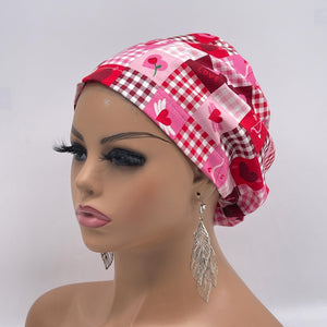 Niceroy Satin Lined VALENTINE EUROPE Style Adjustable SCRUB Cap nursing hats, Love Heart Cotton print fabrics and  Euro style caps